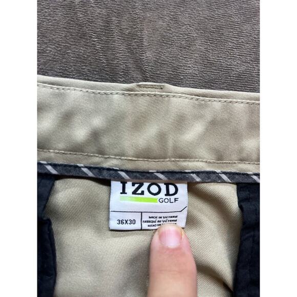 IZOD GOLF MEN PANT 36X30 KHAKI CLASSIC FIT CHINO FLAT FRONT STRETCH POLY SPANDEX - Picture 6 of 9